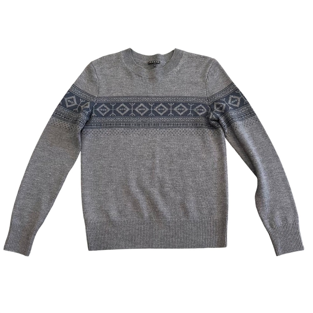 Theory Womens Gray 100% Wool Fair Isle Geometric Crewneck Sweater Size S